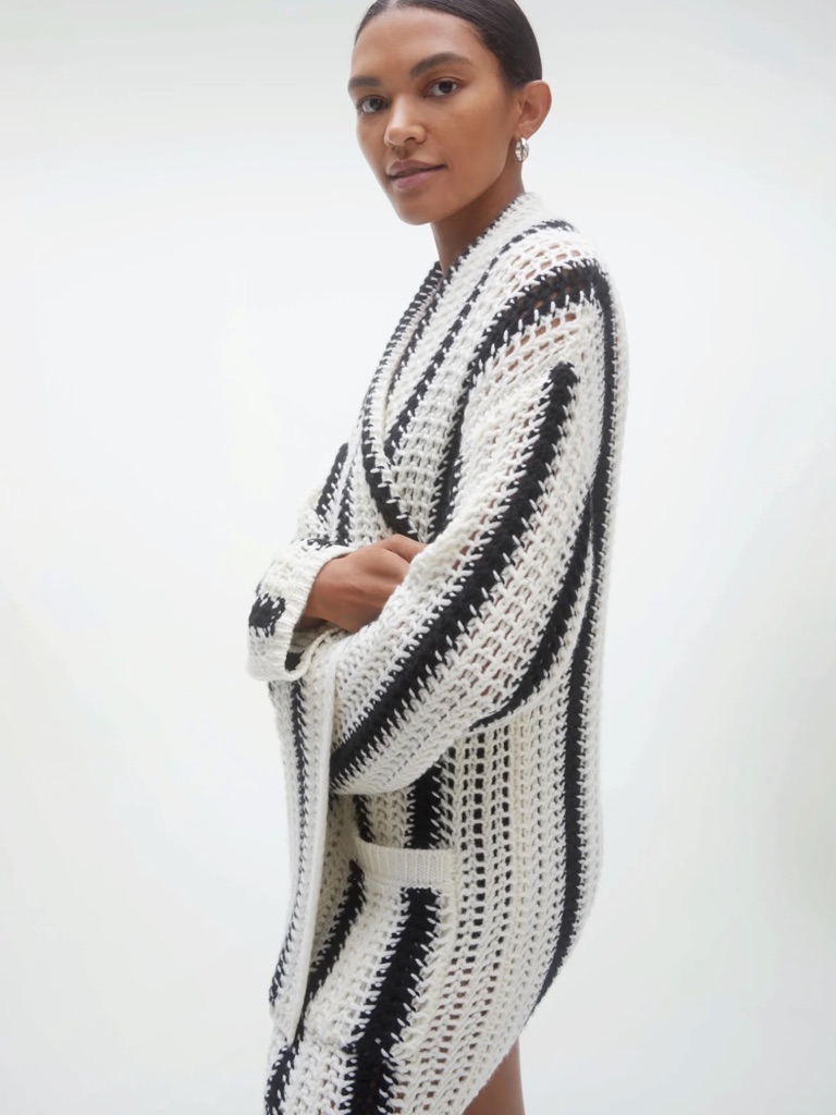 Nakedcashmere Black And White Open-Knit Striped Cardigan